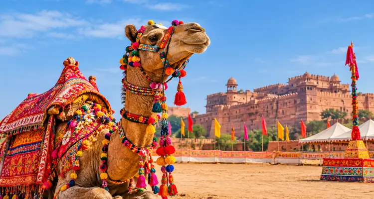 Bikaner Camel Festival celebration with decorated camels at fair site