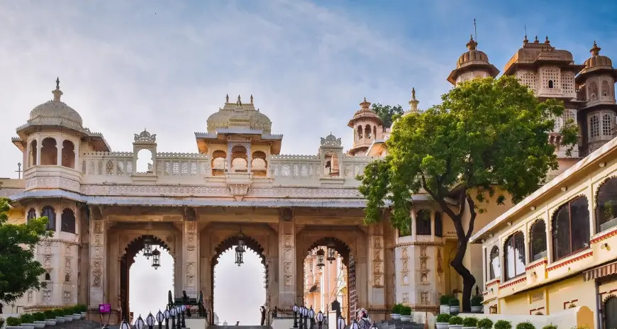 City Palace Udaipur Rajasthan with ornate arches and domes