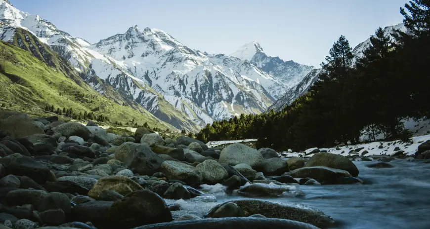 Snow capped Himalayan mountains and river