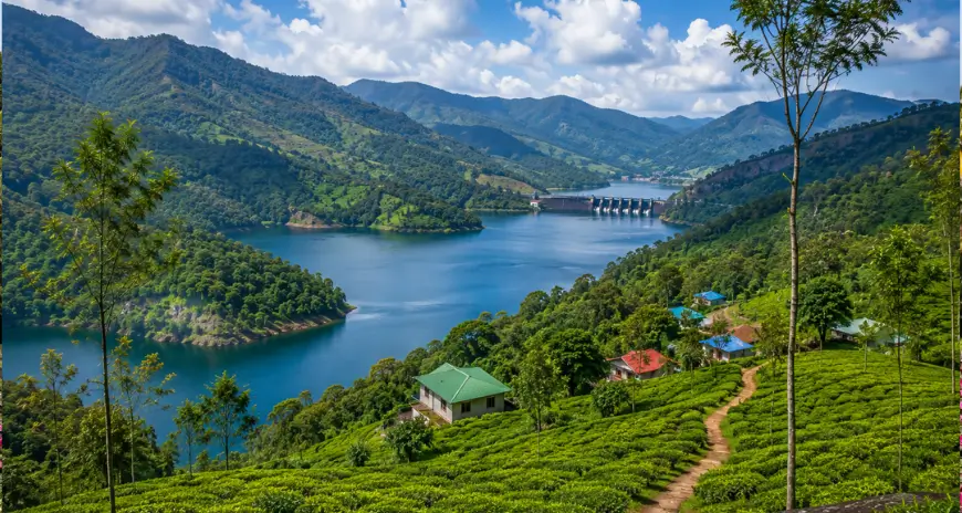 Kerala hill station with tea plantations and lake