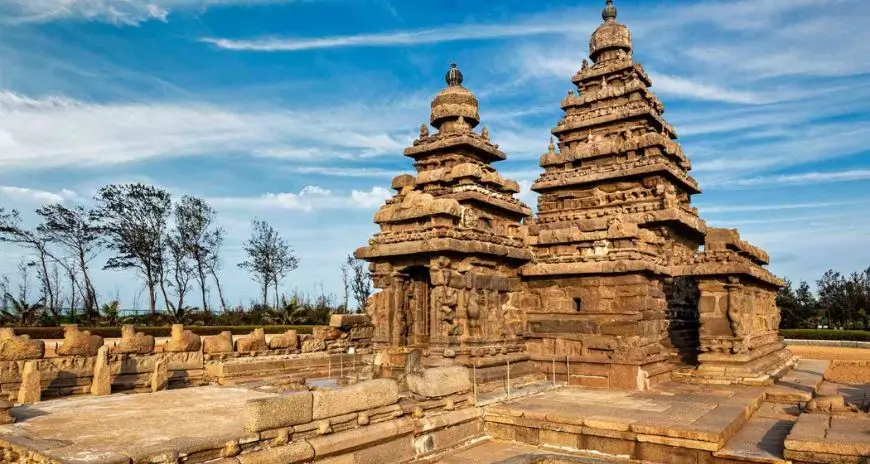 Ancient Shore Temple at Mahabalipuram with stone carvings