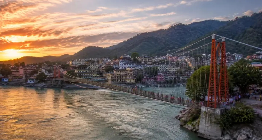 Rishikesh Ganges River and suspension bridge at sunset