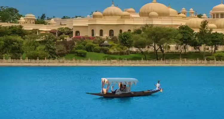 Rajasthan palace with boat on blue lake